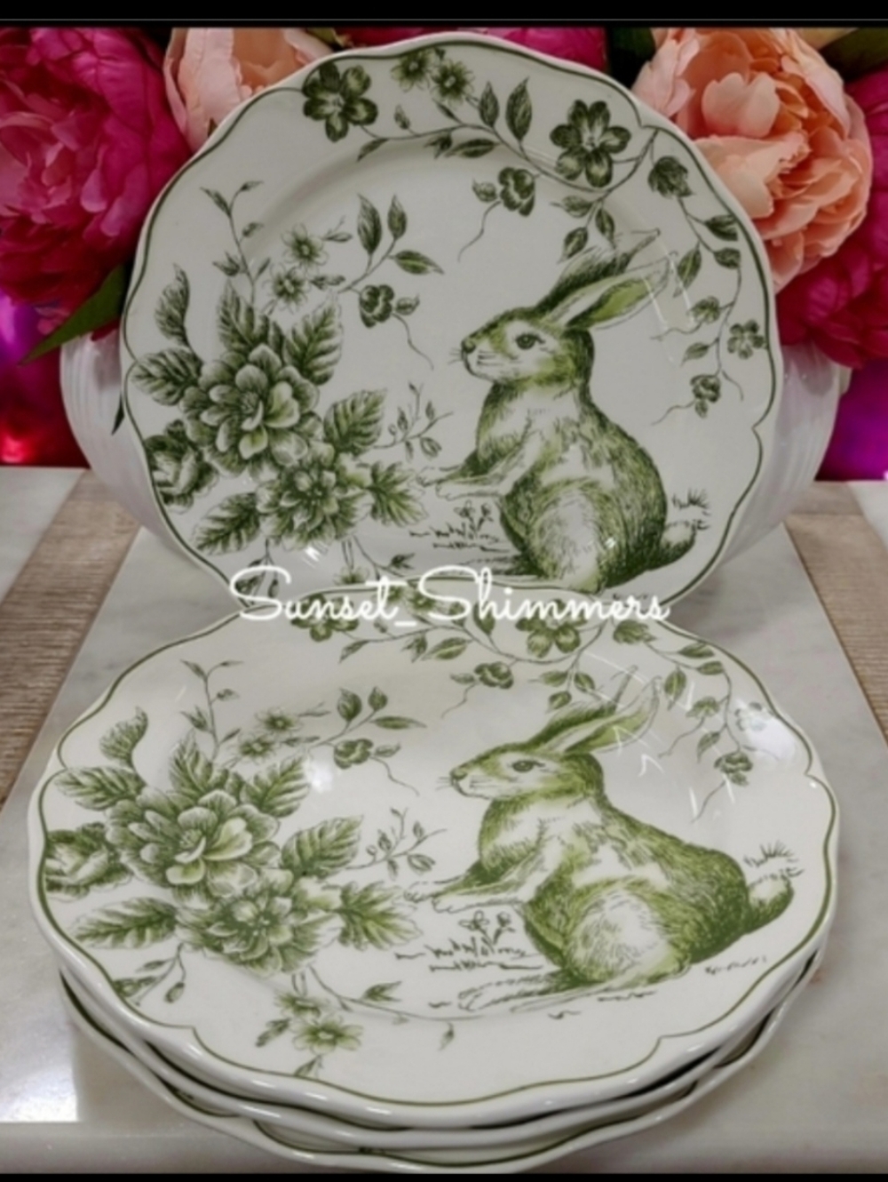 4pc Maxcera Green Toile Easter Bunny Rabbit Scalloped Cabbage Rose Salad Plates